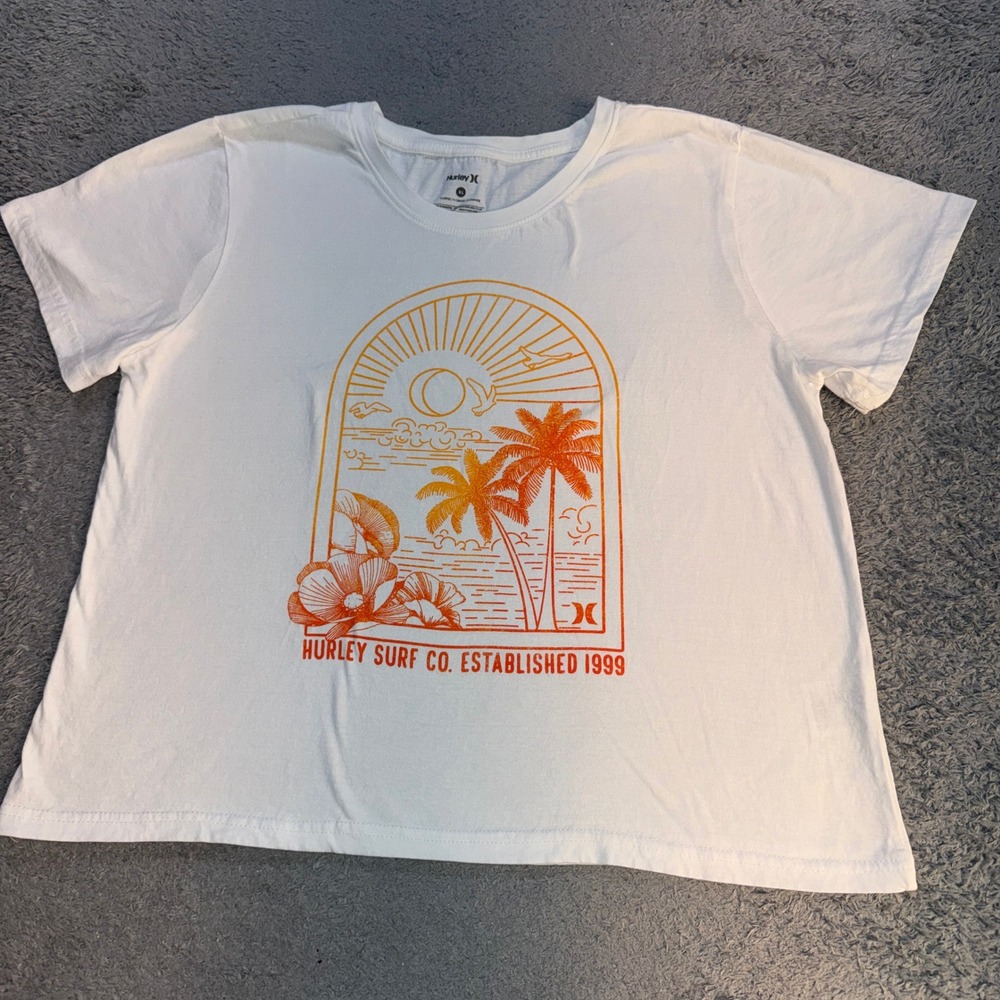 Hurley Womens Graphic T Shirt XL White Cotton Beach Tropical Sunset Surf Tee
